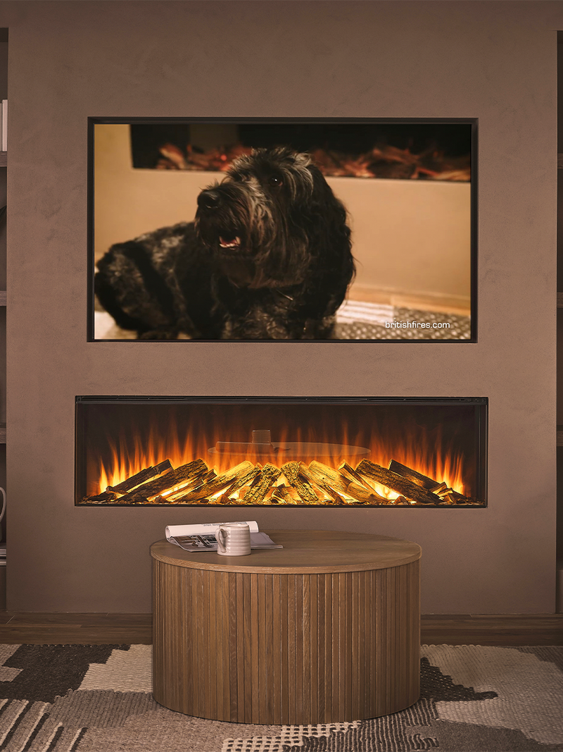 Sleek black electric fire with a modern design, flush against a wall, showcasing Air Curtain Technology and clean lines.