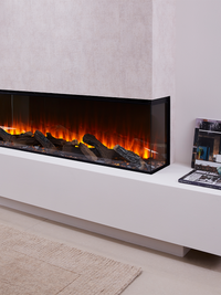 Side view of the British Fires New Forest 1600 electric fire, showcasing its sleek design and flush glass finish.