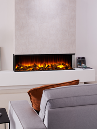 Side view of the British Fires New Forest 1600 electric fire, showcasing its sleek design and flush glass finish.