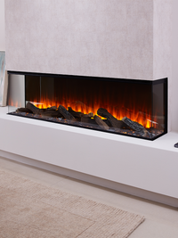 Side view of the British Fires New Forest 1600 electric fire, showcasing its sleek design and flush glass finish.