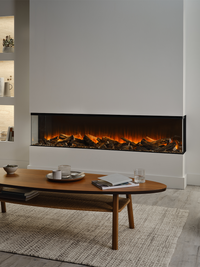 Side view of the British Fires New Forest 1900 electric fire, showcasing its sleek design and flush glass finish.
