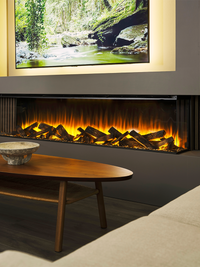 Side view of the British Fires New Forest 1900 electric fire, showcasing its sleek design and flush glass finish.