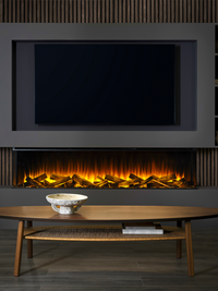 Large black electric fire with a sleek design, flush glass front, set against a modern living room backdrop.