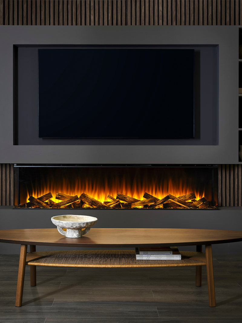 Large black electric fire with a sleek design, flush glass front, set against a modern living room backdrop.