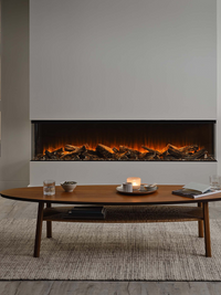 Side view of the British Fires New Forest 1900 electric fire, showcasing its sleek design and flush glass finish.