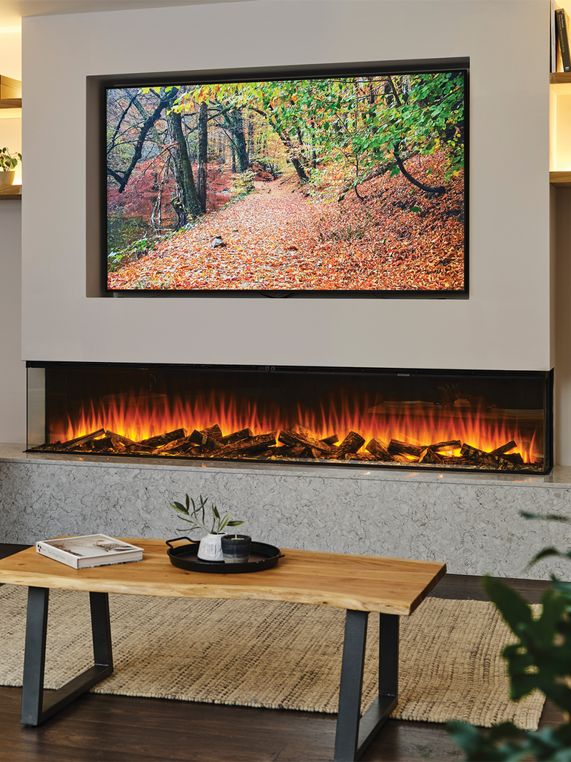 Wide view of the British Fires New Forest 2400 electric fire, showcasing its sleek design and modern finish.