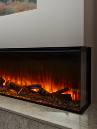 Side view of the British Fires New Forest 2400 electric fire, showcasing its sleek design and wide glass front.