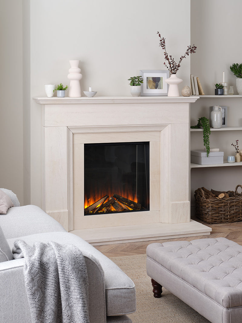 Tall British Fires New Forest 650SQ electric fire in black, featuring LED flames and a flush glass front.