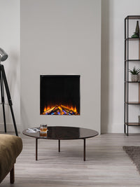 Side view of the British Fires New Forest 650SQ electric fire, showcasing its sleek design and LED flame effect.