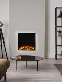 Side view of the British Fires New Forest 650SQ electric fire, showcasing its sleek design and LED flame effect.