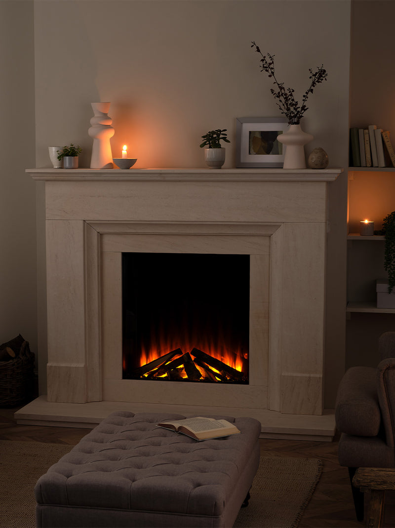 Side view of the British Fires New Forest 650SQ electric fire in black, showcasing its compact design and LED flame effect.