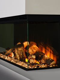 Compact British Fires New Forest 870 electric fire with sleek glass front, showcasing realistic flame visuals in a modern setting.