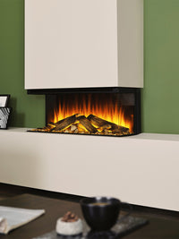 Side view of the British Fires New Forest 870 Electric Fire with sleek black finish and flush glass front.