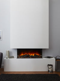 Side view of the British Fires New Forest 870 electric fire with sleek black finish and flush front glass design.