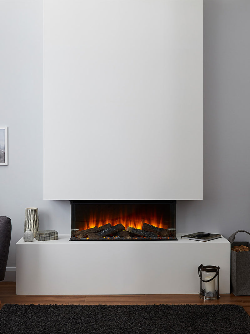 Side view of the British Fires New Forest 870 electric fire with sleek black finish and flush front glass design.