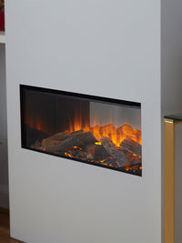 Side view of the British Fires New Forest 870 electric fire, showcasing its sleek design and flush-finish front glass.