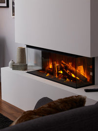 Side view of the British Fires New Forest 870 Electric Fire, showcasing its sleek design and flush-finish front glass.