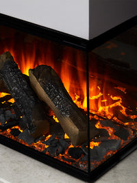 Side view of the British Fires New Forest 870 electric fire with sleek black finish and flush glass front.