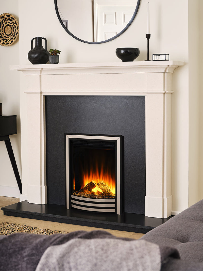 Side view of the British Fires Sway 16" electric fire in Black Chrome with a classic curved fret design.