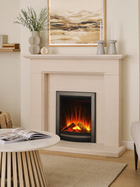 Sway 16" Elegance Frame Electric Fire with a sleek black frame and two horizontal bars, showcasing the flames prominently.