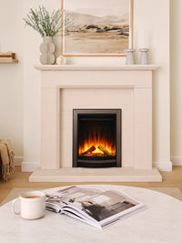 Side view of the British Fires Sway 16" electric fire in a sleek black frame, showcasing its modern design and flames.
