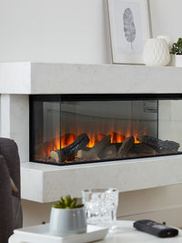 Side view of the British Fires Winchester Electric Fire Suite showcasing its three-sided glass and mirrored rear design.