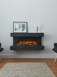 British Fires Winchester Electric Fire Suite in white with three-sided glass, showcasing flames and mirrored rear glass.