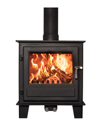 Side view of the Clock Blithfield 5 Wood Burner in Metallic Black, showcasing its sleek design and craftsmanship.
