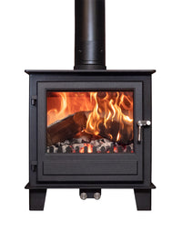 Side view of the Clock Blithfield 8 Wood Burner, showcasing its sleek design and large glass panel for flame visibility.
