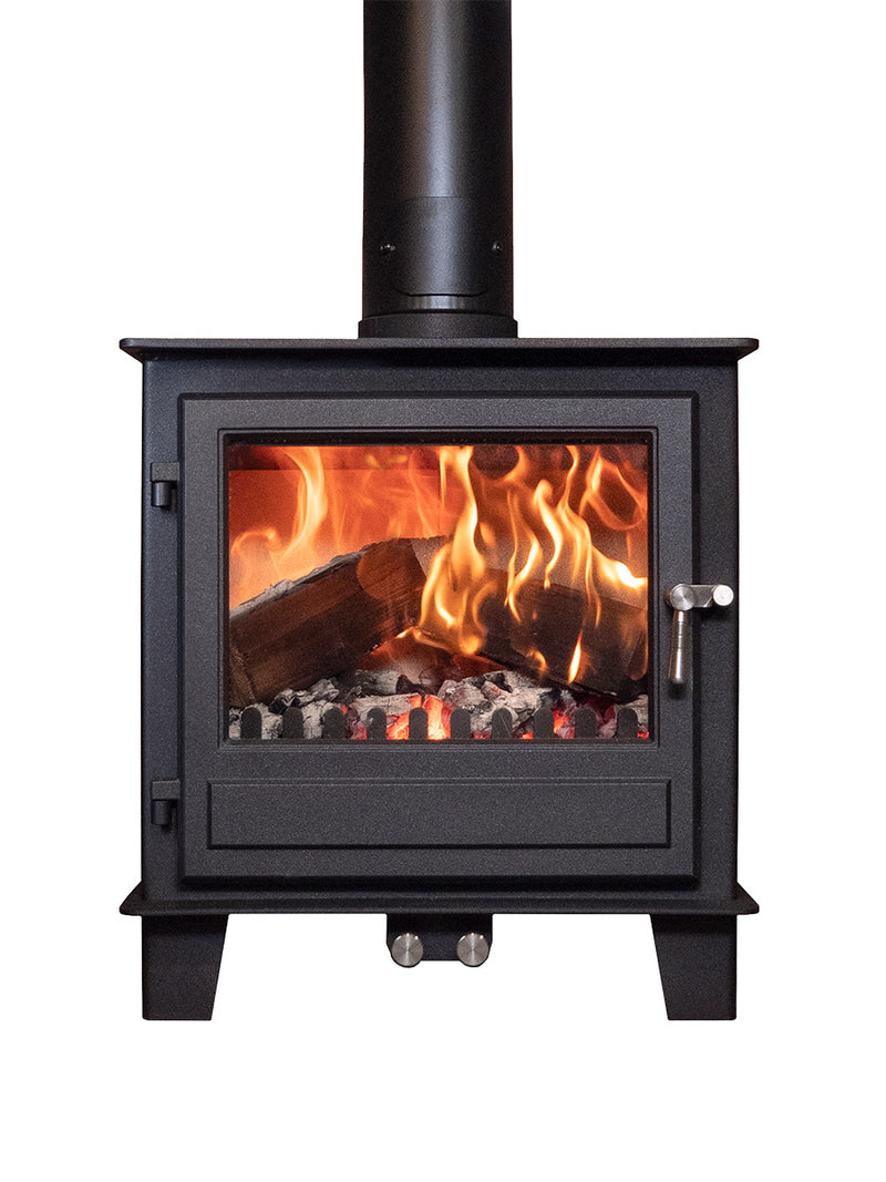 Side view of the Clock Blithfield 8 Wood Burner, showcasing its sleek design and large glass panel for flame visibility.