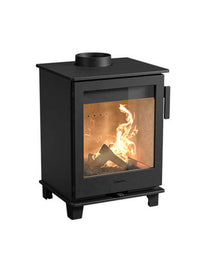 Side view of the Contura 110 wood burning stove with a cast iron door, showcasing its compact design and wood compartment base.