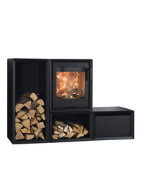 Side view of the Contura 130 wood burning stove in black cast iron, showcasing its compact design and log compartment.