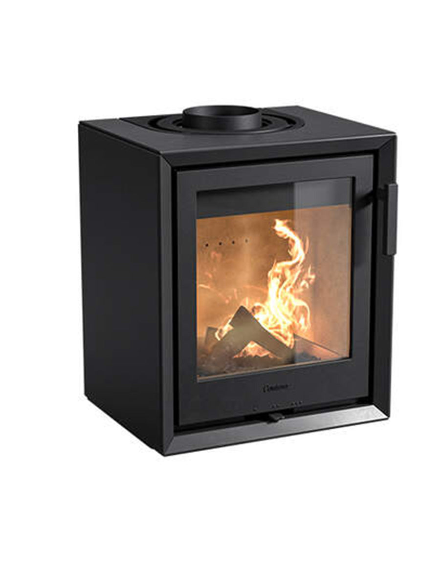 Contura 130 wood burning stove in black cast iron with log compartment, showcasing its compact design and sturdy build.