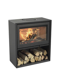 Contura 310 wood burning stove in black with cast iron door, showcasing clean lines and simple controls.