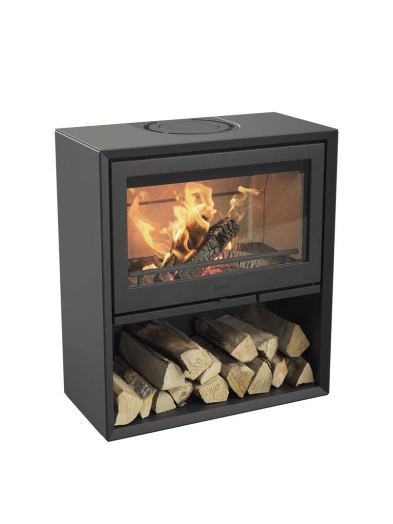 Contura 310 wood burning stove in black with cast iron door, showcasing clean lines and simple controls.