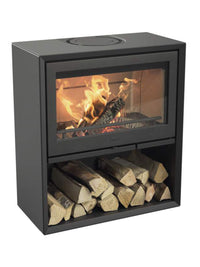Side view of Contura 310 wood burning stove with cast iron door and sleek black finish, showcasing its design and features.