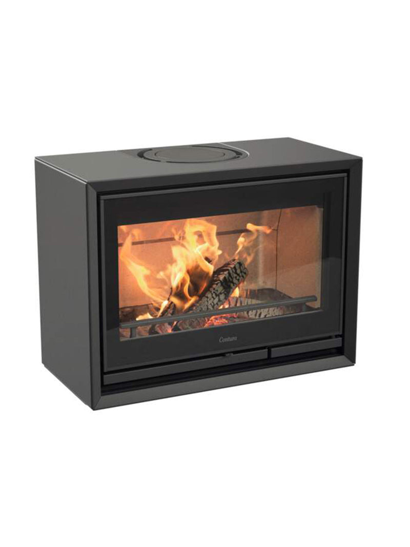 Contura 330G wood burning stove with a glass door, showcasing its sleek design and log compartment in a modern setting.
