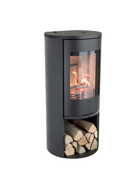 Side view of the Contura 510 wood burning stove showcasing its cast iron door and large side lights.
