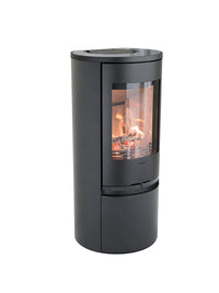 Side view of Contura 510 wood burning stove with cast iron door and large side lights, showcasing its curved design.