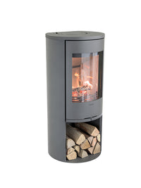 Side view of Contura 510 wood burning stove in black cast iron, showcasing large side lights and curved design.