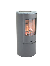 Side view of the Contura 510 wood burning stove with a cast iron door and large side lights, showcasing its curved design.