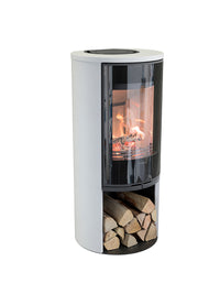 Side view of the Contura 510G wood burning stove with a glass door, showcasing its sleek design and curved proportions.