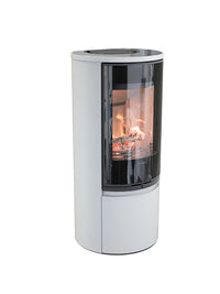 Side view of Contura 510G wood burning stove with large glass door, showcasing its sleek design and modern finish.