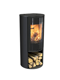 Side view of the Contura 510G wood burning stove with a large glass door, showcasing its sleek design and curved shape.