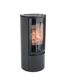 Side view of the Contura 510G wood burning stove with a glass door, showcasing its sleek design and curved proportions.