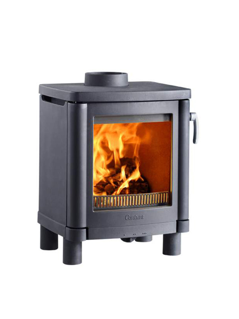 Contura 51L wood burning stove with modern cast iron door, low legs, and clean lines in a stylish setting.