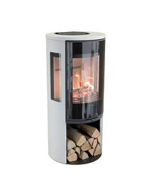 Side view of the Contura 556G wood burning stove with a large glass door, showcasing its sleek design and modern legs.