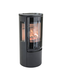 Side view of the Contura 556G wood burning stove with a glass door, showcasing its sleek design and modern legs.
