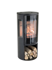 Side view of the Contura 556G wood burning stove with a glass door, showcasing its sleek design and modern legs.