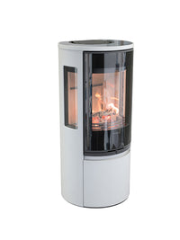 Side view of the Contura 556G wood burning stove with a glass door, showcasing its sleek design and modern legs.